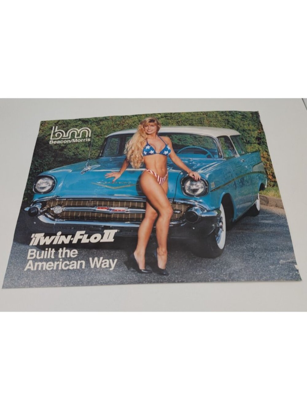 Vintage Advert Poster Beason Morris Twin Flo II pretty lady blue Chrysler car